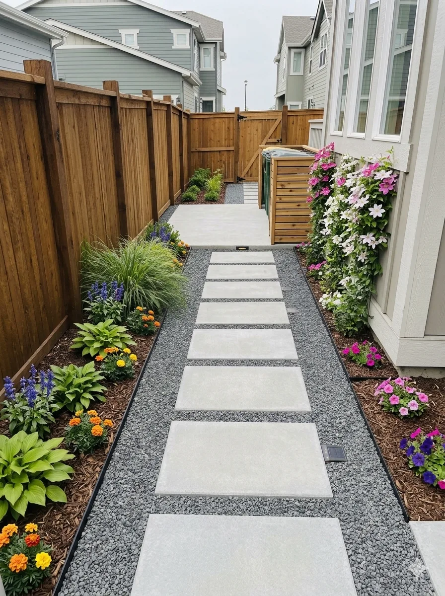 Cut stepping stones set in gravel running between planted flower beds along a cedar fence