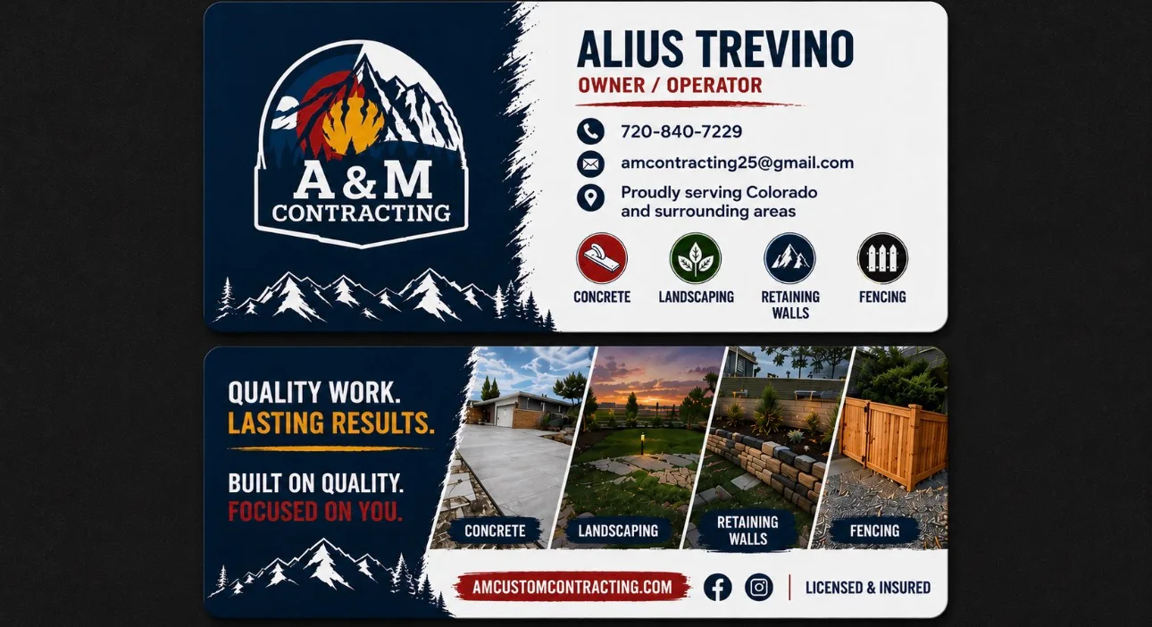 A&M Contracting business card listing concrete, landscaping, retaining walls and fencing