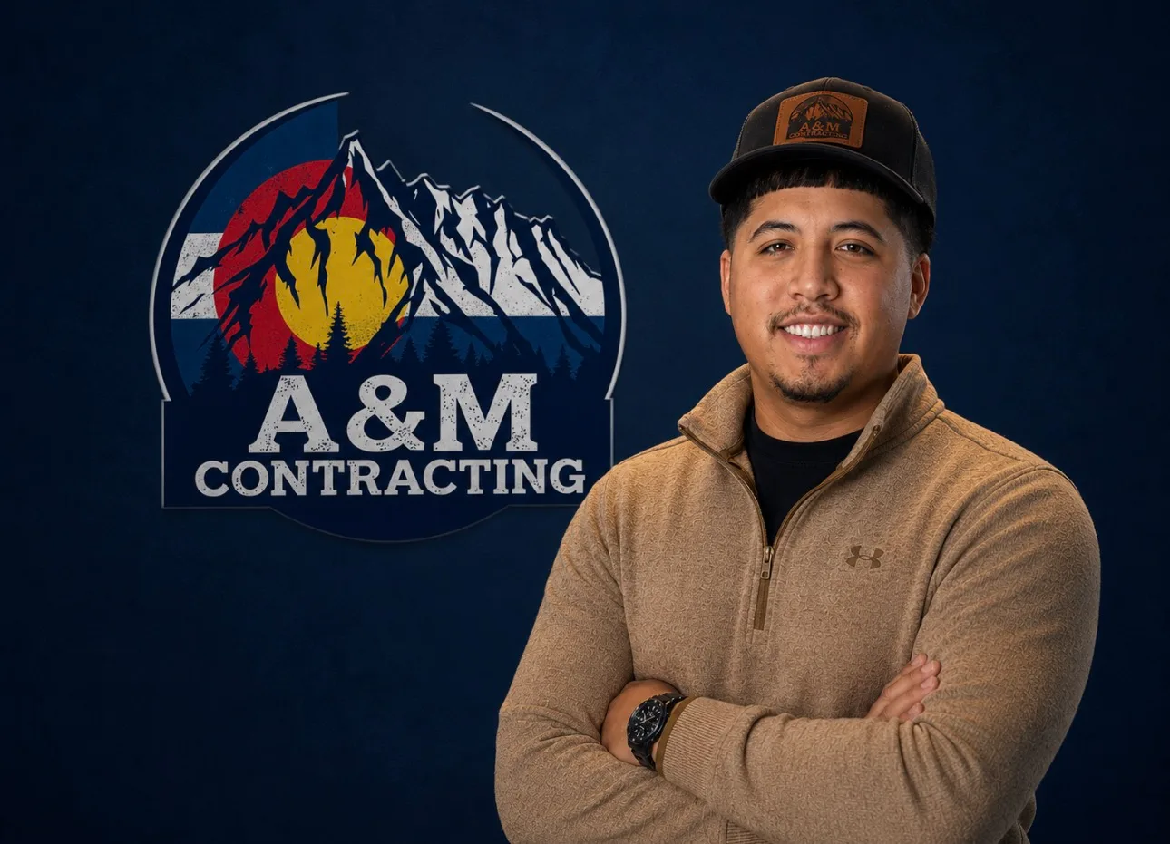 Alius Trevino, owner and operator of A&M Contracting, in front of the company backdrop